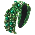 Close-up of St. Patrick's Day headband with green shamrocks, pearls, and rhinestones - Green Pearl