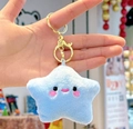 Cute light blue plush star keychain with embroidered smiley face and golden metal clasp - Blue Star with Gold Clasp