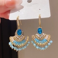 Vintage gold earrings with blue gemstone, pearls, and light blue beaded fringe tassels - Style 52# Ear Hook-Gold-Blue