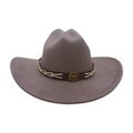 Gray felt cowboy fedora hat with a brown leather band and metallic bull head detail - Gray