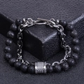 Close-up of men's double-layer bracelet with volcanic stone beads and silver metal chain - Lava Rock (Silver Chain)