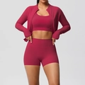 Détails de l'ensemble de fitness 3 pièces rouge foncé avec veste, brassière et short - Carmin
