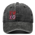 Washed black denim baseball cap with XO heart embroidery in a vintage distressed style - Black