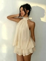 Halter neck chiffon mini dress in light beige featuring tiered ruffles and open back - XS / Khaki