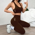 Dark brown two-piece yoga set with sports bra and high waist leggings and gymwear logo - S / Brown
