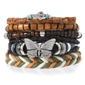 Detail of bohemian multilayer bracelet set with wood beads and silver butterfly charm - Cactus Butterfly Leather Woven (42)