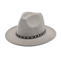 Detail of grey felt fedora with black leather band and silver metal rivets - Light Gray