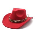 Détail d'un chapeau de cow-boy rouge avec ruban ethnique tissé et billes dorées - M (56-58cm) / Rouge