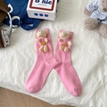 Pink crew socks with cute 3D plush bear doll accessory in a Japanese aesthetic style - One Size / Pink
