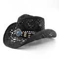 Cappello da cowboy nero in paglia con perline turchesi e fibbie metalliche vintage - M (56-58cm) / Nero