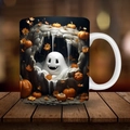 3D Spooky Ghost and Pumpkin Halloween coffee mug with maple leaves on wood - SP-D Style