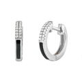 Macro view of silver hoops with black enamel and sparkling zircon micro-pave detailing - Black Enamel Micro-Inlaid Zirconia Huggie Earrings (Silver) (JQH0191-SS)