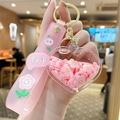 Pink heart-shaped bubble tea bear keychain with drifting liquid and floral sequin charms - Pink Flower - Heart