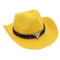 Detail of yellow woven cowboy hat with ethnic band and silver steer head ornament - Yellow