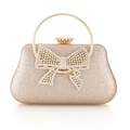 Pochette da sera champagne glitterata con grande fiocco di strass e manico in metallo - Champagne