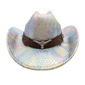 Iridescent snakeskin western cowboy hat with silver bull head accent and brown leather band - M (56-58cm) / White