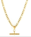 Minimalist gold T-bar pendant necklace with elegant Figaro chain on white background - Gold T-Shape Cylinder Style (MSXNJD605G-EI)