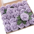 Set of 25 purple PE foam artificial roses with green leaves in a window gift box - Light Purple
