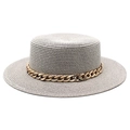 Detailed view of grey straw boater hat with stylish thick gold chain link band - Gray