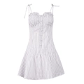 Detail of striped summer dress with bow straps, ruffled chest and button decoration - S / White