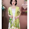 Floral print green satin kimono cardigan sun protection shawl with sleeve holes - One Size / Rich Peony - Green