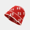 Detail of red handmade crochet bucket hat featuring intricate white floral knitting patterns - M (56-58cm) / Red