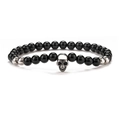 Mens 8mm black onyx beaded bracelet featuring a silver skull charm on a plain white background - 6mm/Round Bead / Skull Black Agate
