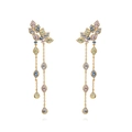 Detailed macro view of S925 tassel earrings with colorful zircons and golden chains - Multicolor Zirconia (Gold Tone)