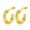 Elegant gold bamboo style hoop earrings with clear crystals on a white background - Hoop Earring Transparent Rhinestone (MS-236)