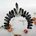 Handmade black crystal crown headband with silver moon ornament and wire wrapping - Black