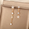 Asymmetric gold alloy drop earrings with LOVE letters and white zircon stars - LOVE Star Drop / Gold