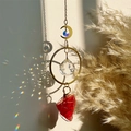 Hanging suncatcher with gold moon, red crystal stone and rainbow light reflection - Watermelon red