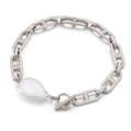 Silver stainless steel anchor chain bracelet with white baroque pearl and OT clasp - Pig Nose Anchor Chain Baroque Pearl Style (KB155782-Z)