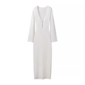 Detailed view of white knit dress featuring a deep V-neck and metal ring buckle detail - S / White