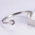 Close-up of industrial silver brushed metal hexagonal nut open cuff bracelet - Silver (AML-MS-021)