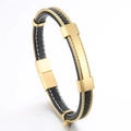 Bracciale da uomo in pelle intrecciata con fibbia a H dorata e filo d'acciaio nero e oro - Oro (KB169306-KLHQ)