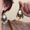 Macro detail of ethnic fan-shaped drop earrings with colorful beads and metal sequins - #19 Ear Hook - White - Teardrop