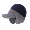 Berretto invernale in maglia blu e grigio con paraorecchie e toppa in pelle di montagna - Blu navy