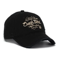 Macro detail of vintage distressed black baseball cap with Omega Fire embroidery - Black (B)