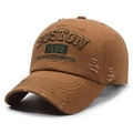 Retro khaki brown distressed baseball cap featuring green Boston 1630 embroidery - Coffee