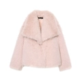 Close-up of pale pink faux fur coat showing soft plush texture and wide lapel collar - XS / Lotus Pink