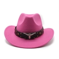 Detail of bright pink wool cowboy hat featuring a black leather band and silver bull skull - M (56-58cm) / Rose Red