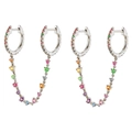 Silver double hoop earrings with colorful zircon chain and sparkling crystal detail - 24K / Silver Rainbow Linked Hoops (JQH0058-SS-1)