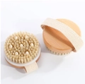 Detail of round wooden bath brushes with natural bristles, massage nodes and fabric strap - Approx 8x8cm Small Round Hemlock Brush