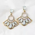 Retro bohemian fan-shaped drop earrings in vintage gold with cream gemstones - White Opal