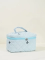 Light blue quilted cosmetic bag with black embroidery and handle for travel storage - Large Handbag / Blue