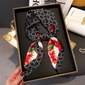 Floral square silk scarf with geometric grid pattern in bow display gift box - FJ922-3 Black