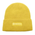 Detail of yellow knit beanie featuring a stitched THEFOCUS logo patch on a folded cuff - M(54-60cm) / Yellow