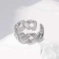 Silver woven design titanium steel adjustable open ring for women on stone base - Steel Color-Woven