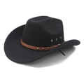 Classic black wool felt western cowboy hat with brown studded leather band and wide brim - M (56-58cm) / Black